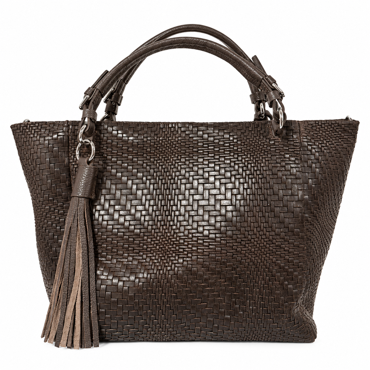 Borsa donna in vera pelle intrecciata con nappina