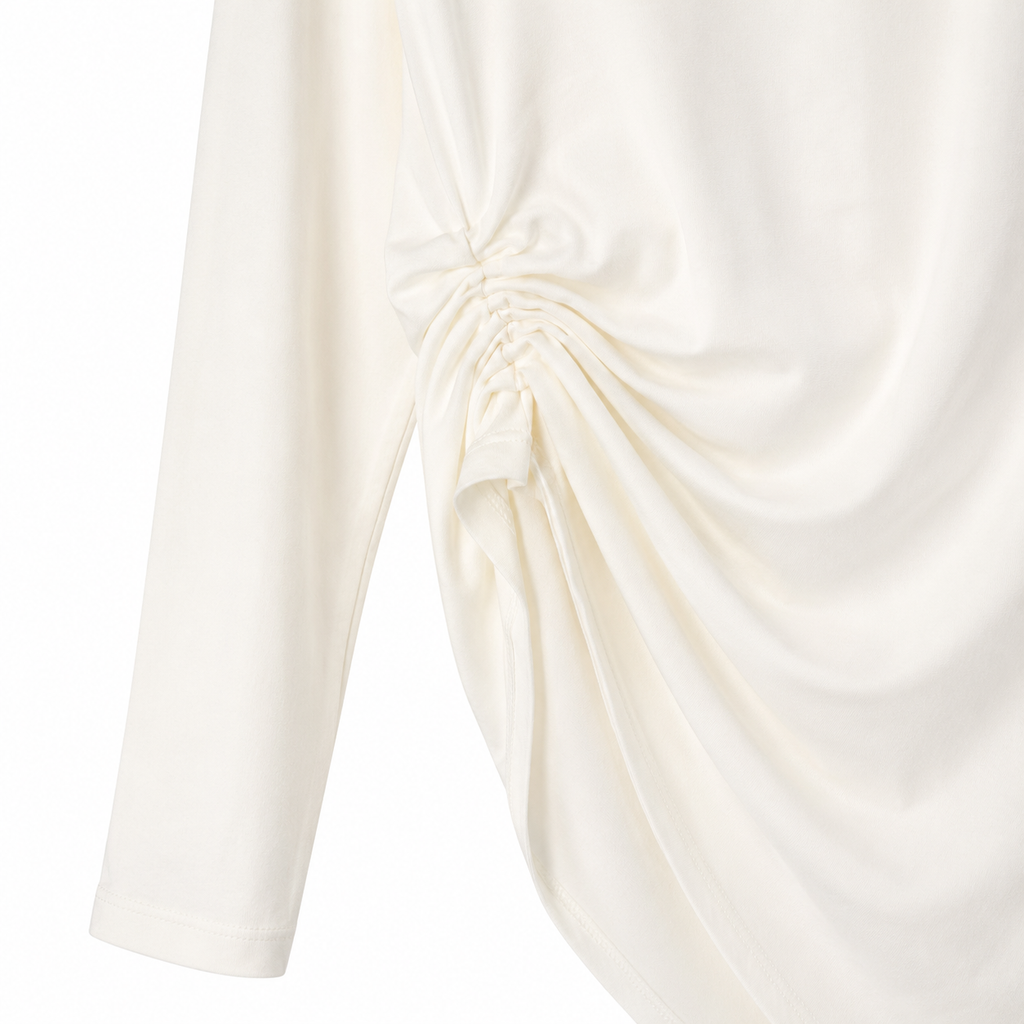 Maglia Donna Avorio con Drappeggio Laterale | Manica Lunga | Vestibilità Morbida