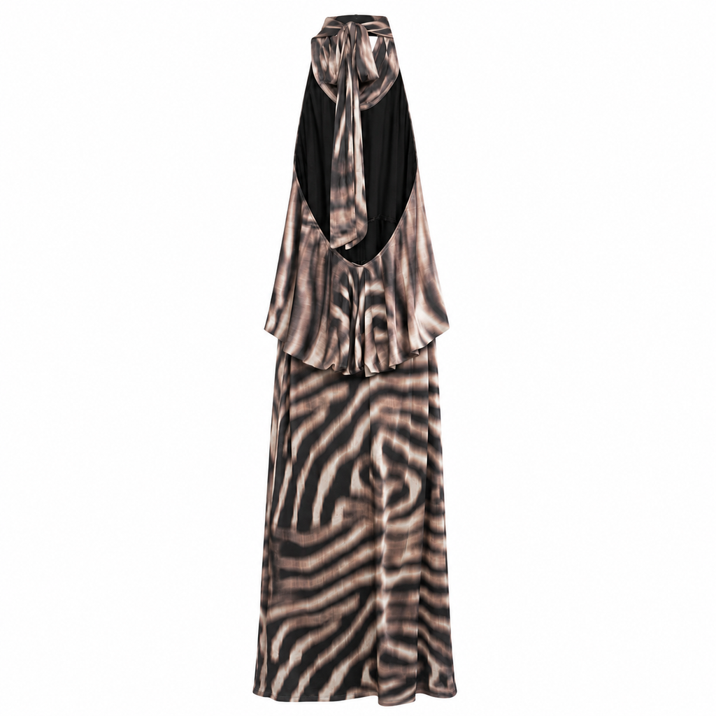 Abito Lungo in Tulle Animalier con Collo Halter – Made in Italy