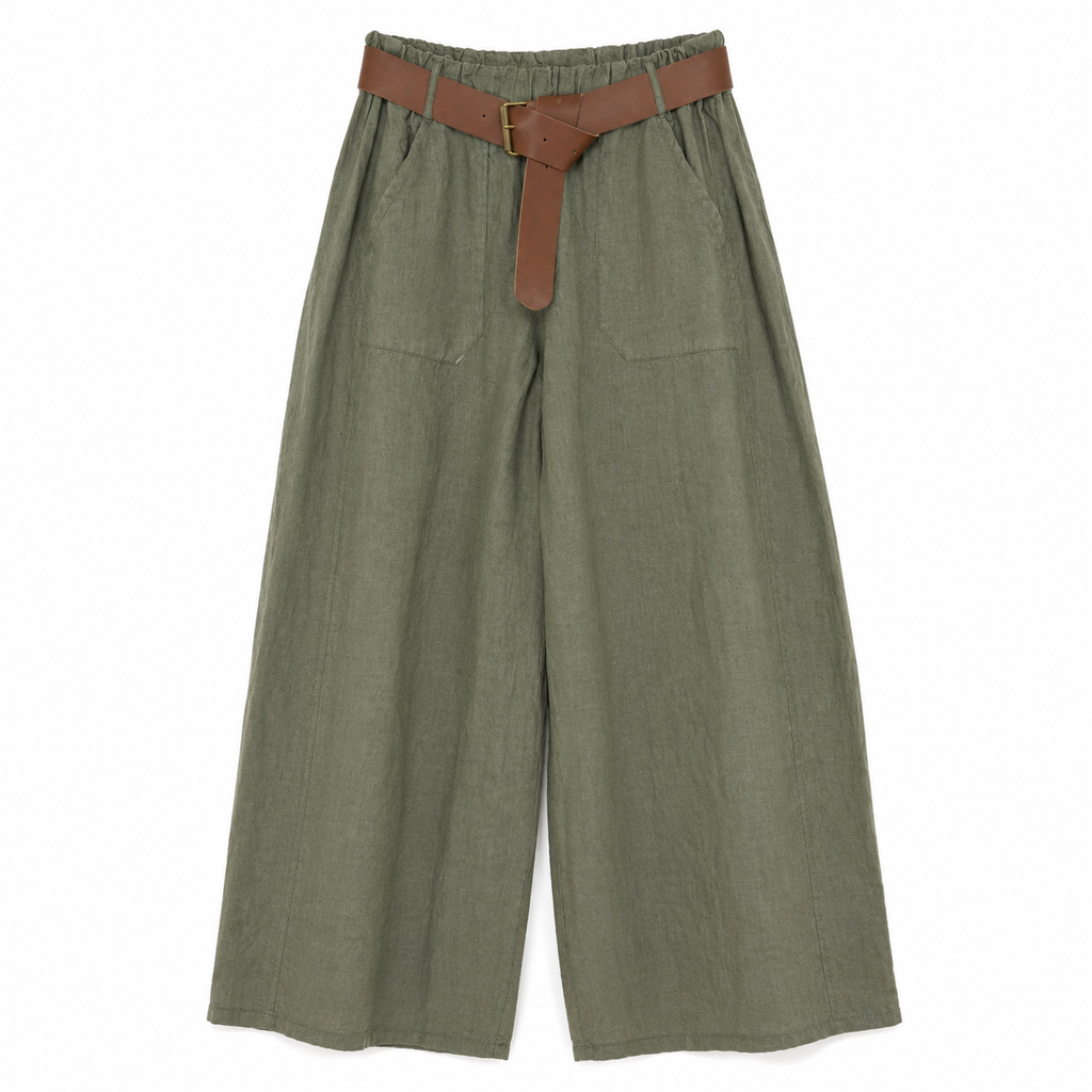 Pantalone Palazzo Donna Verde Militare con Cintura