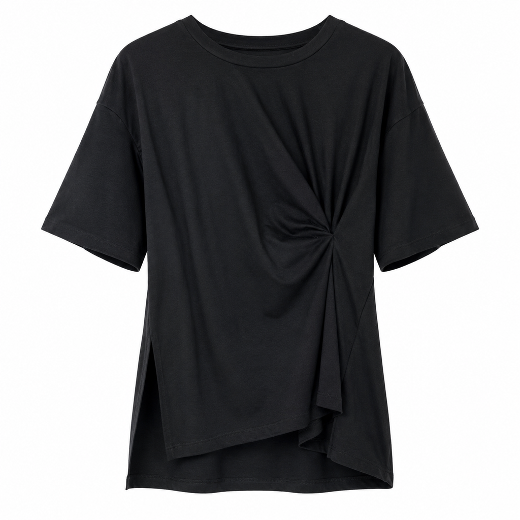 T-shirt Donna Nera con Drappeggio Laterale | Vestibilità Morbida
