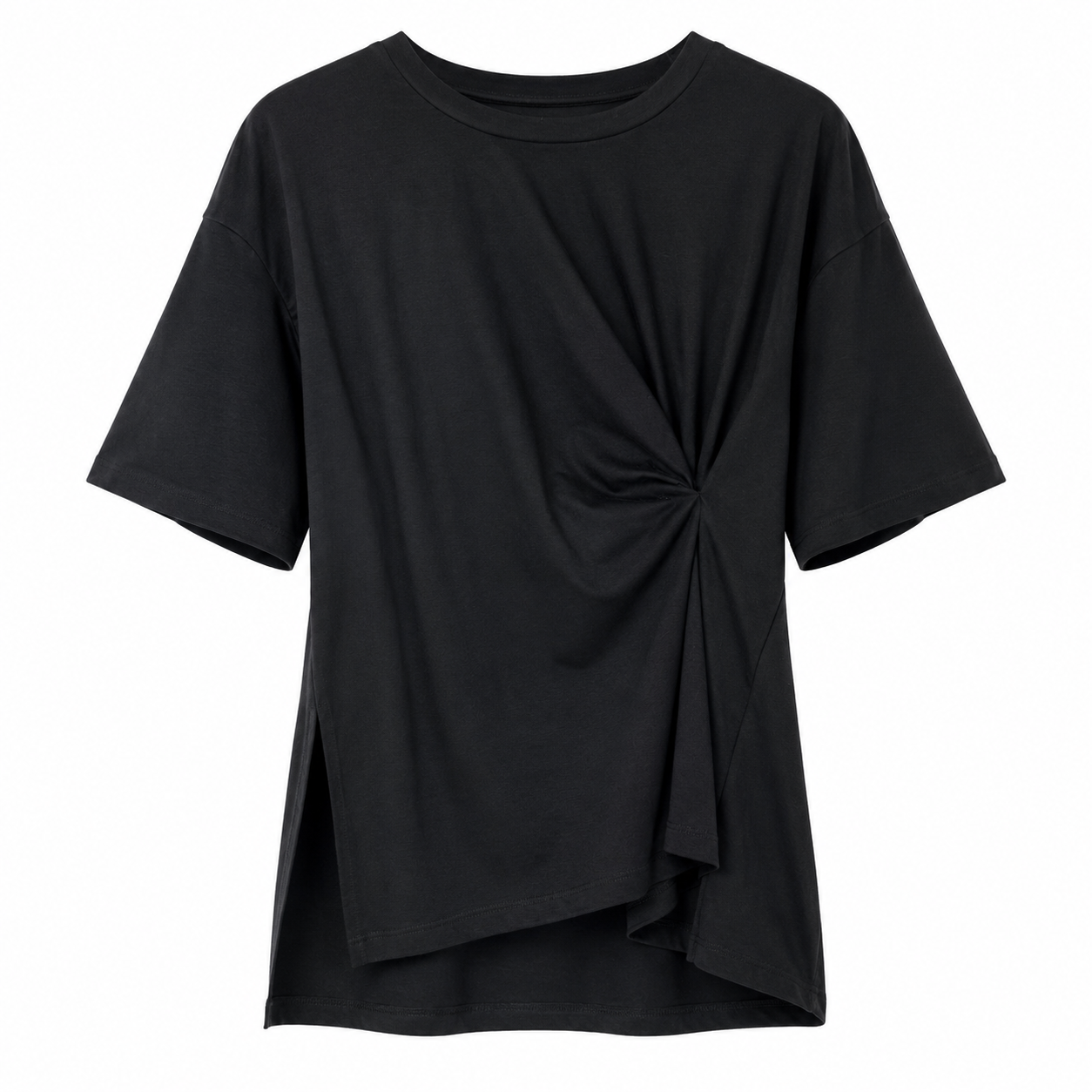 T-shirt Donna Nera con Drappeggio Laterale | Vestibilità Morbida