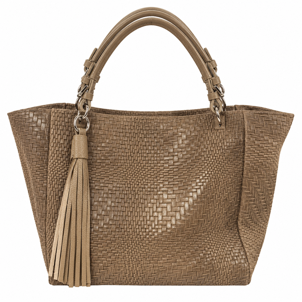 Borsa donna in vera pelle intrecciata con nappina