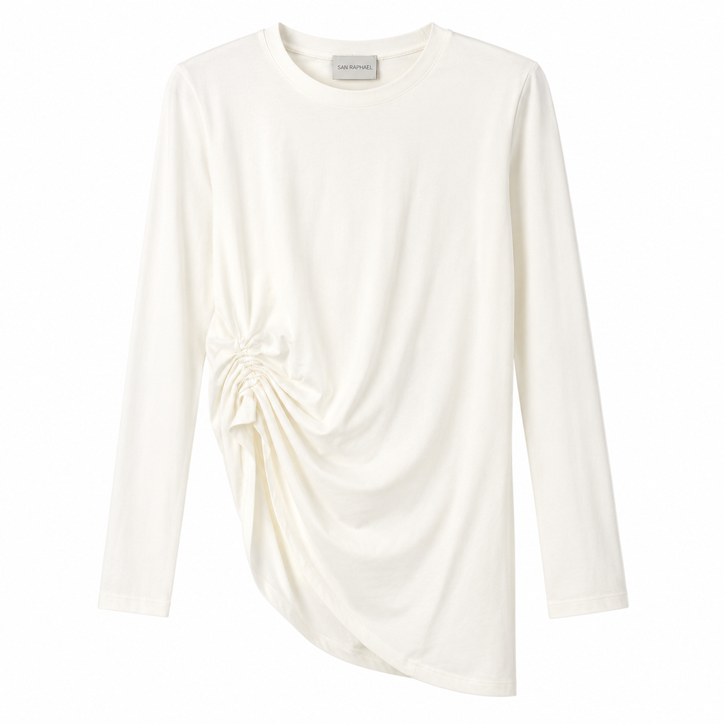 Maglia Donna Avorio con Drappeggio Laterale | Manica Lunga | Vestibilità Morbida