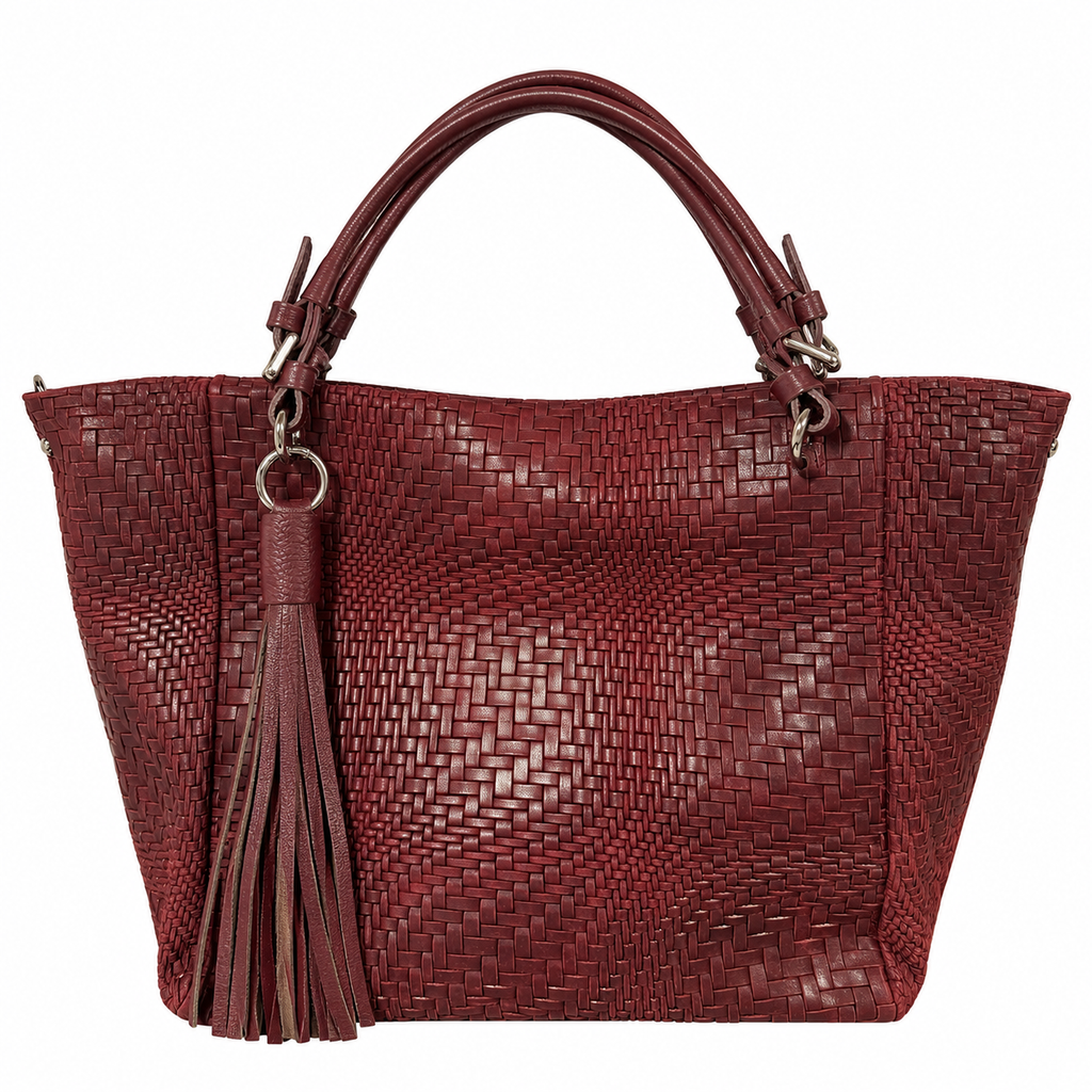 Borsa donna in vera pelle intrecciata con nappina