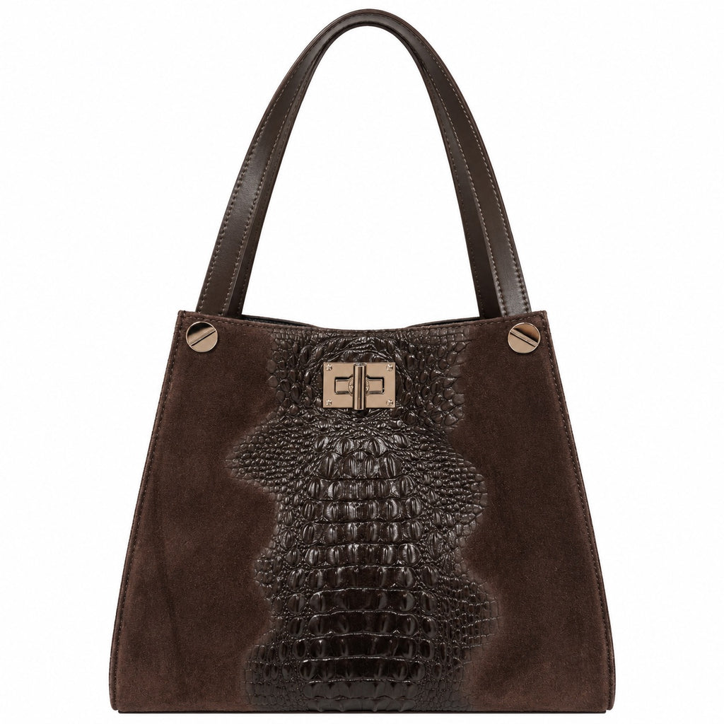 Borsa shopper donna in vera pelle e camoscio stampa cocco