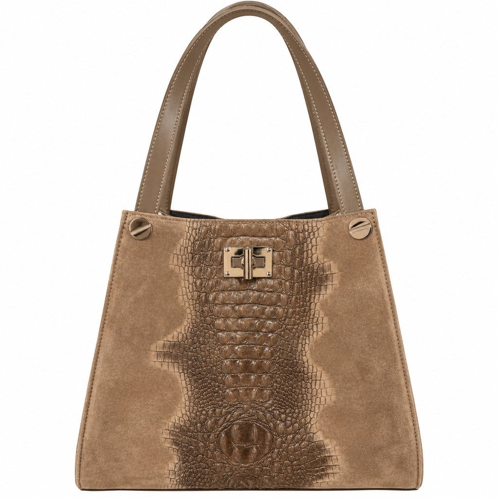 Borsa shopper donna in vera pelle e camoscio stampa cocco